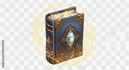 Ancient mystical book with gold embellishments and gemstone on cover surrounded by magical aura