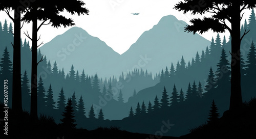 Serene mountain landscape with silhouetted trees and misty hills at dusk natural scenery background