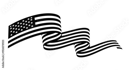 Waving american flag illustration in black and white flowing design