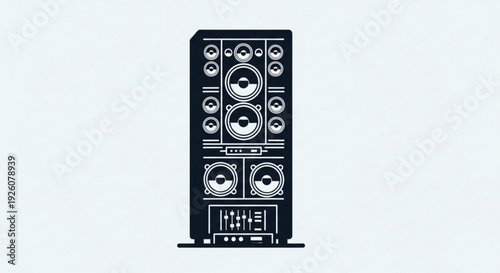 Detailed illustration of a tall black electronic device with multiple dials and buttons on a light gray background