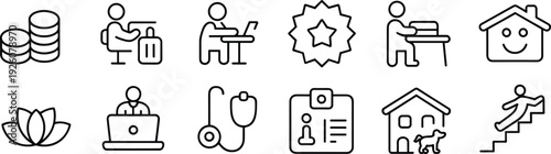 Group of line art icons showing finance travel education and healthcare elements collection money