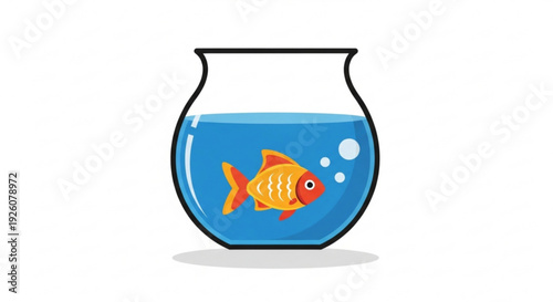 Vibrant orange fish swims in clear glass aquarium with blue water and bubbles