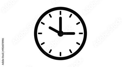 Simple black and white illustration of a clock showing ten past noon