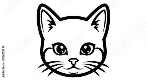 Black and white cartoon cat face with big eyes and whiskers on plain background