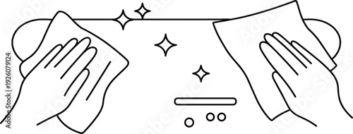 Hands cleaning surface with cloths and sparkling stars icon wipe