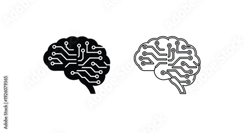 Digital brain illustrations a solid and outlined depiction of neural networks