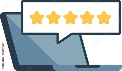 Laptop screen shows a speech bubble with five yellow stars for customer feedback computer technology