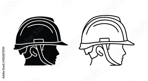 Two stylized hard hat icons in black and white side profile views