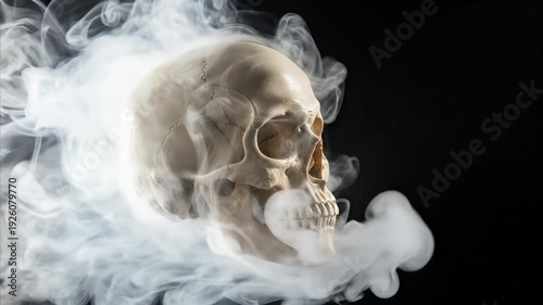 Eerie human skull emerging from white smoke against a dark background