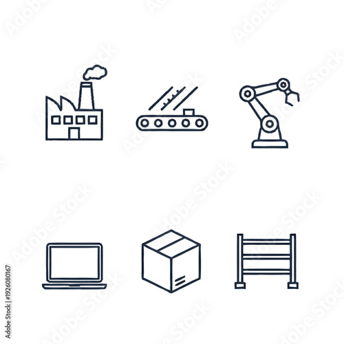 Set of Industrial and Technology Icons Representing Manufacturing and Logistics.