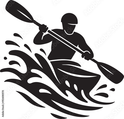 Kayak paddling through rapids twist, water splash motion  sillhoute vector.
