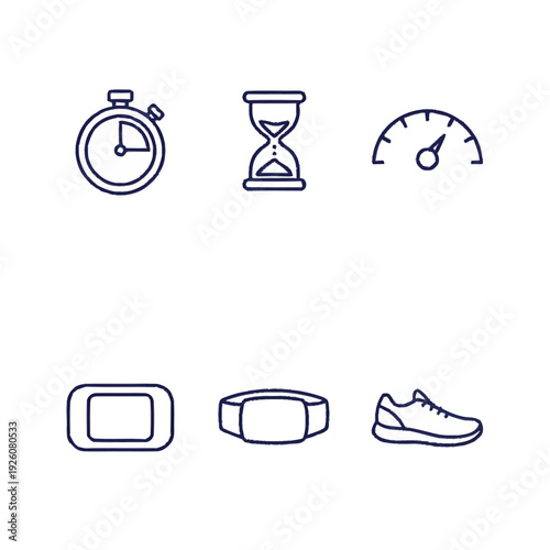 Set of six simple line icons representing fitness and time management.
