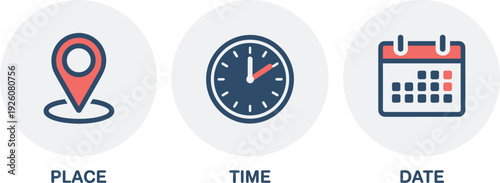 Three circular icons representing place, time, and date for scheduling and planning Keywords: place, location, map pin, marker