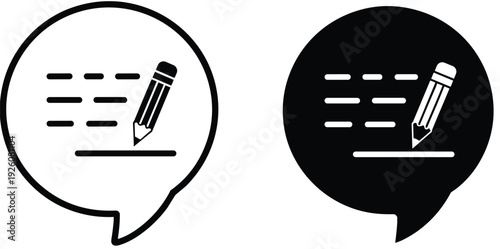 Two icons of a speech bubble with a pencil writing on lines, one black and one white chat message