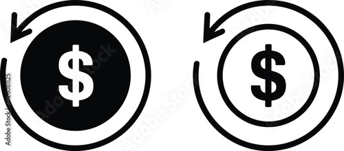Two icons of a dollar sign within a circular arrow, one black and one white money currency