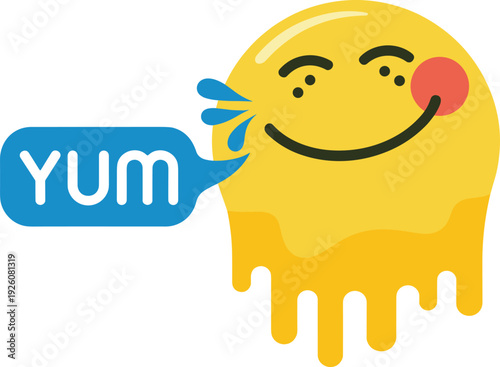 Yellow smiley face with blue speech bubble saying yum Keywords: emoji, yum, speech bubble, yellow, happy, smiling, food