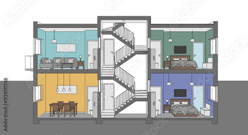 Apartment Building Cutaway Section Showing Interior Rooms and Structure
