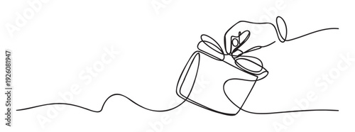 Continuous line drawing of a hand making a contribution into a box or container, ideal for representing concepts of charity, voting, savings, or collective effort in various corporate and