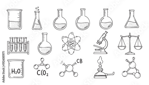 Chemistry and science laboratory equipment doodle set showcasing various chemical glassware, instruments, and molecular models for educational or scientific projects
