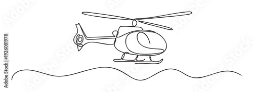 A minimalist continuous line drawing of a sleek helicopter hovering above wavy ground, perfect for modern graphic design projects, educational materials, or transportation concepts.