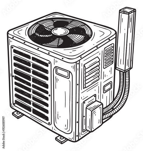 Air conditioning unit with fan and connected conduits for residential or commercial cooling solutions suitable for HVAC industry brochures and climate control service advertisements.