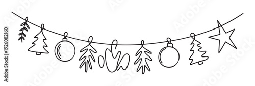 Decorative string garland with various minimalist outline Christmas symbols like stars, trees, and baubles perfect for holiday season celebration invitations and festive greeting cards