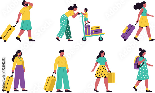 Flat illustration of travelers with luggage, family and solo people walking with suitcases, modern tourism lifestyle concept vector design