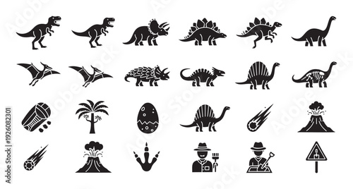 Comprehensive dinosaur and paleontology icon collection showcasing various prehistoric animals, fossilized remains, explorer equipment, and ancient world events suitable for science