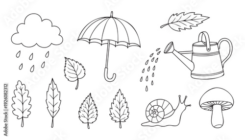 Collection of black and white line drawings depicting autumn and rain elements including various leaves, a mushroom, umbrella, snail, cloud, and watering can for seasonal themes and