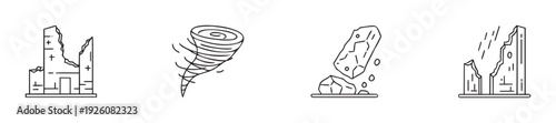 Outline symbols for natural disaster alerts showing damaged buildings, a powerful tornado, falling rocks, and heavy rainfall with destruction, ideal for safety information and hazard