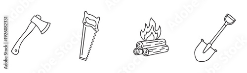 Outdoor adventure and survival gear featuring a sturdy axe, sharp saw, warm campfire, and reliable shovel ideal for nature themed marketing materials