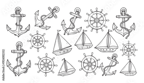 Collection of hand drawn marine anchors, sailing ships, and ship wheels, perfect for maritime decorations, sea adventure themes, and graphic design projects