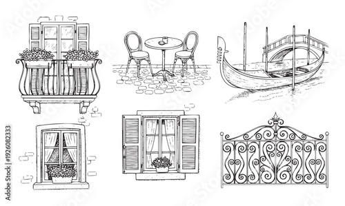 Detailed line drawings capturing urban charm with a flowerfilled balcony, street cafe, traditional water transport, and ornate wrought iron elements ideal for various creative projects