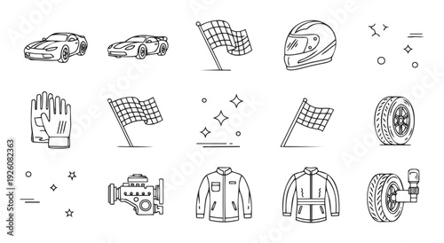 Collection of line art icons representing various elements of car racing and automotive sports, perfect for web graphics, mobile app interfaces, and related merchandise printing