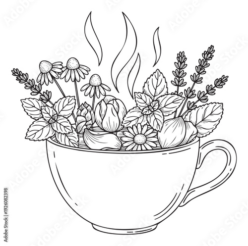 Detailed line drawing of a steamy teacup overflowing with fresh mint, calming lavender, and healing chamomile flowers, ideal for wellness product packaging or herbal tea advertisements.
