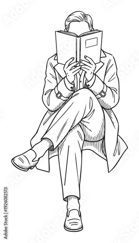 Classic portrayal of a stylish person in a trench coat sitting with legs crossed while deeply engrossed in reading a book, great for literary promotions or educational content.