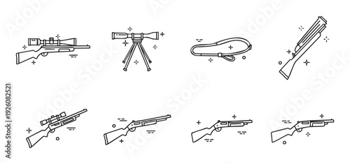 Modern minimalist line icons depicting various hunting and shooting equipment including rifles, shotguns, scopes, and slings, perfect for web, mobile app, and graphic interfaces