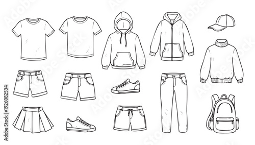 Versatile collection of everyday casual clothing and accessories like tshirts, hoodies, shorts, skirts, pants, sneakers, cap, and backpack for diverse design projects.