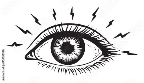 Striking black and white eye graphic with radiating lightning bolt shapes represents vision, power, and insight for mystical or spiritual branding and modern apparel designs