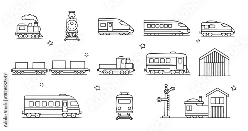Outlined trains and railway structures, including steam locomotives, modern passenger trains, freight wagons, railway signals, and station buildings, suitable for transportation education