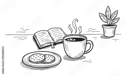 Hand drawn sketch of an open book with a bookmark, a steaming cup of coffee, and cookies on a plate next to a potted plant, perfect for depicting a cozy reading and relaxation moment.