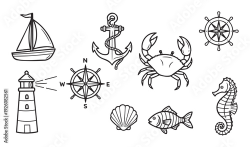 Compilation of marine and nautical icons showcasing a sailboat, anchor, crab, ships wheel, lighthouse, compass, seashell, fish, and seahorse, ideal for travel, ocean and adventure themes.
