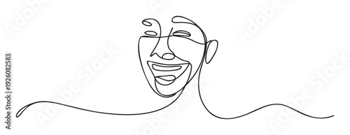 Continuous line drawing of a joyful face with open mouth and closed eyes, expressing happiness and loud laughter, suitable for abstract branding, modern graphic projects, and emotional