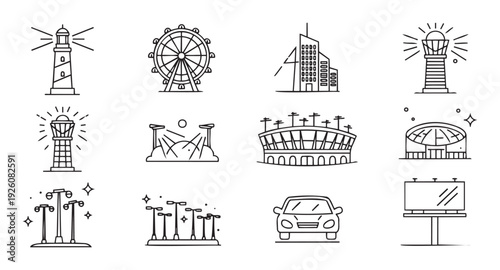 Modern city and urban infrastructure line icons collection featuring landmarks, transportation, and public spaces for travel guides, architectural presentations, or digital interface