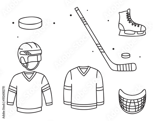 Comprehensive collection of essential ice hockey equipment in a simple black and white outline style perfect for sports themed projects and educational materials