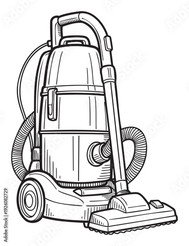 Line drawing of a powerful canister vacuum cleaner with a long flexible hose and floor brush, ideal for educational materials, home improvement blogs, or appliance repair manuals.