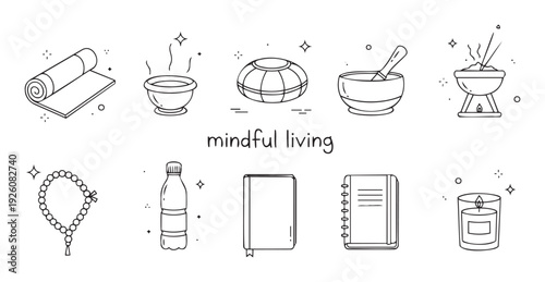 Essential mindful living practices depicted through a set of handdrawn outline icons, perfect for promoting wellness, spiritual awareness, and selfcare journeys.