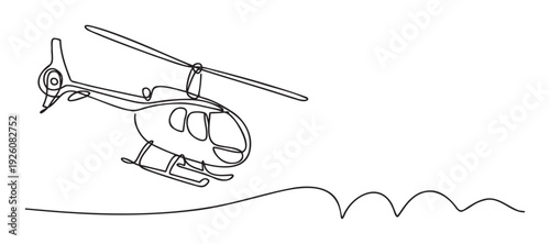 Minimalist one line drawing of a flying helicopter capturing dynamic movement and continuous flow, ideal for transportation and travel related educational materials or presentations