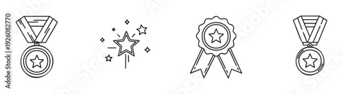 Outline style award icons depicting prize medals and star rosettes representing excellence, accomplishment, and winning, suitable for celebratory designs and success recognition projects.