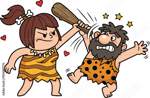 Funny cartoon caveman couple fighting playfully, prehistoric man and woman humor illustration, stone age characters isolated white background